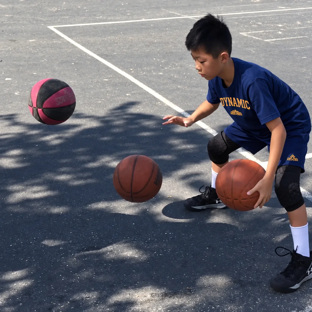 Young boy doing a two-ball dribbling drill