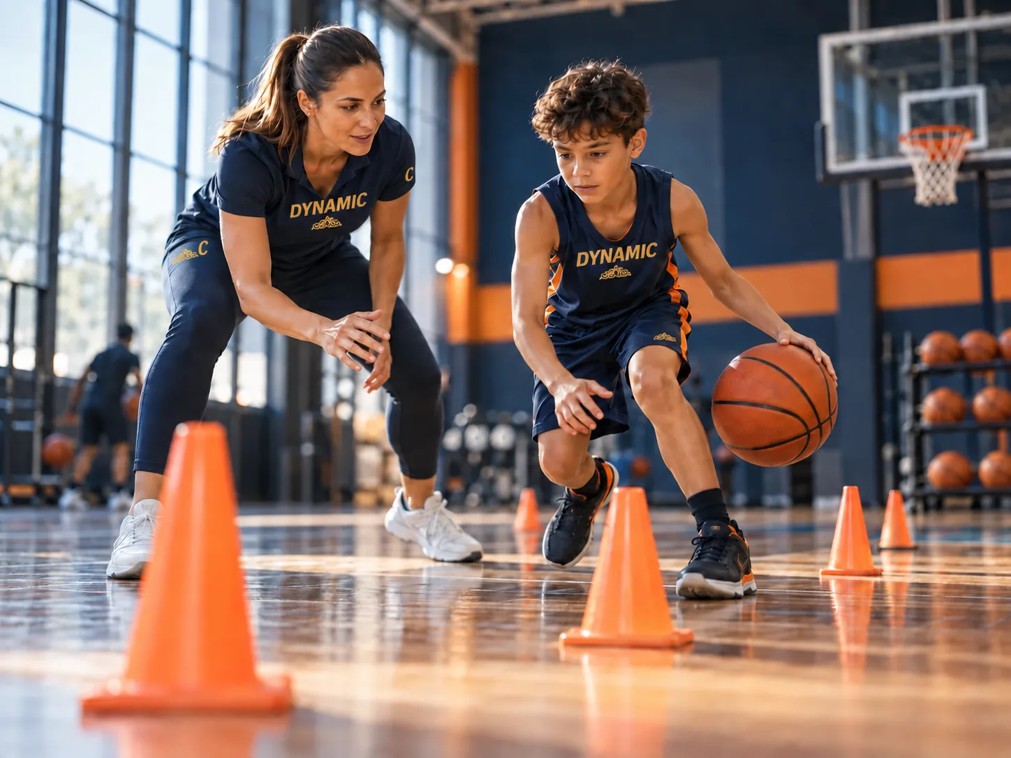 Female basketball coach training a boy player