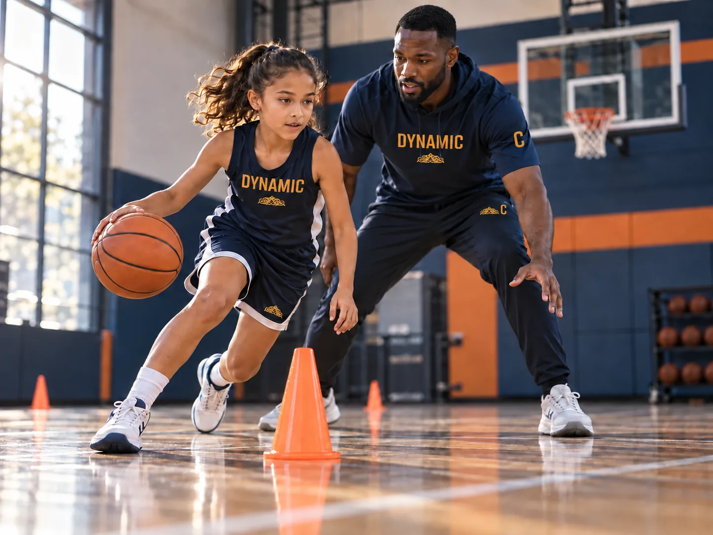 Male basketball coach training a girl player